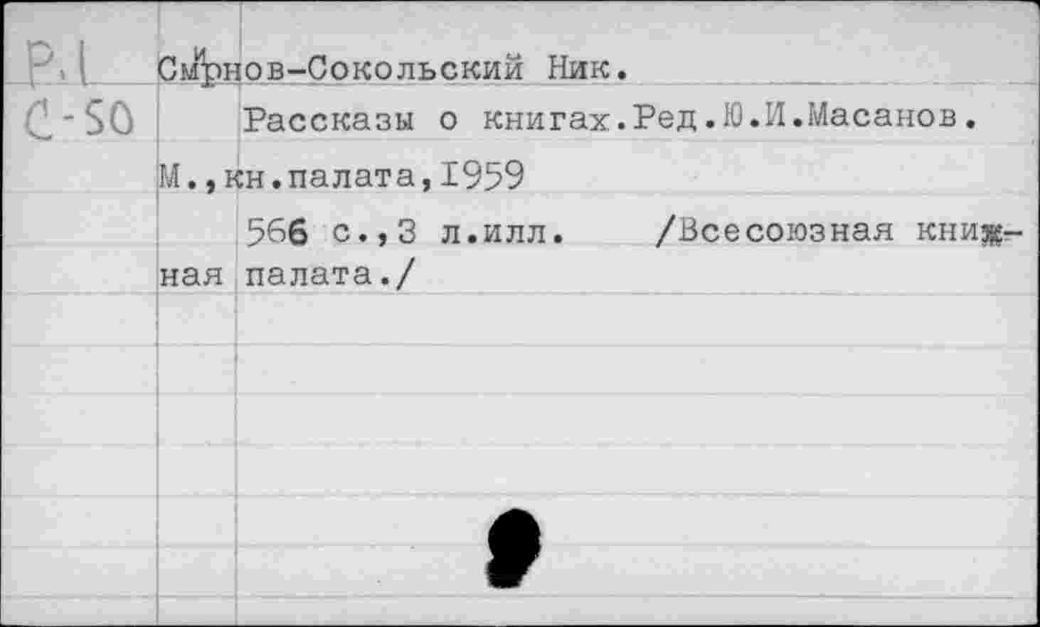 ﻿ВЕ С-50
Смирнов-Сокольский Ник.
Рассказы о книгах.Ред.Ю.И.Масанов.
М.,кн.палата,1959
566 с.,3 л.илл.	/Всесоюзная кни$
нал палата./